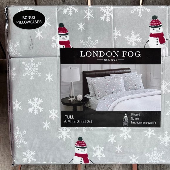 6-pc London Fog FULL SIZE Sheet Set - SNOWMAN SNOWFLAKES - 2 EXTRA PILLOWCASES - Picture 1 of 4